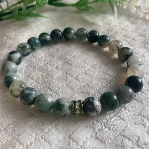 Moss Agate Stack Bracelet with Bling Accent